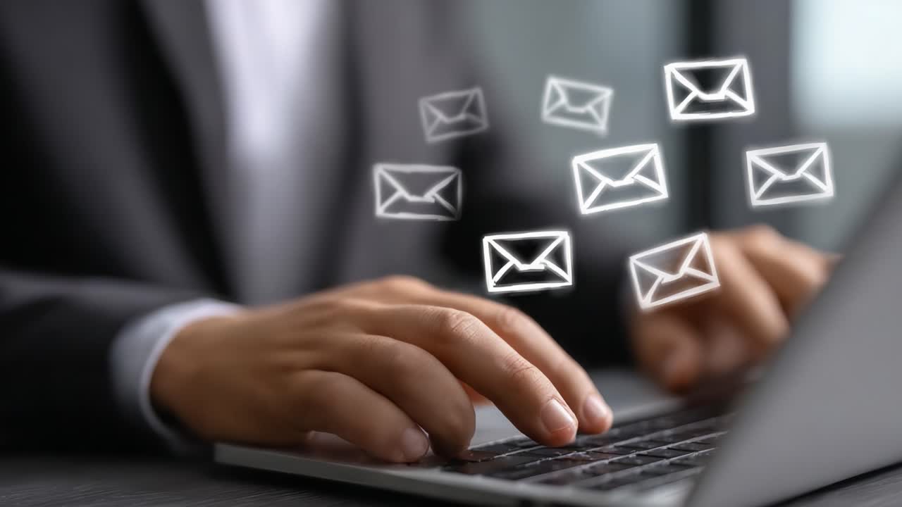 A close-up view of hands typing on a laptop keyboard, with animated email icons floating above, symbolizing communication, efficiency, and modern technology in business