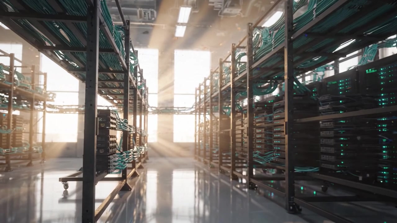 Interno di un moderno data center con file di server e cavi di rete illuminati dalla luce solare, che creano un ambiente digitale ad alta tecnologia ed efficiente.