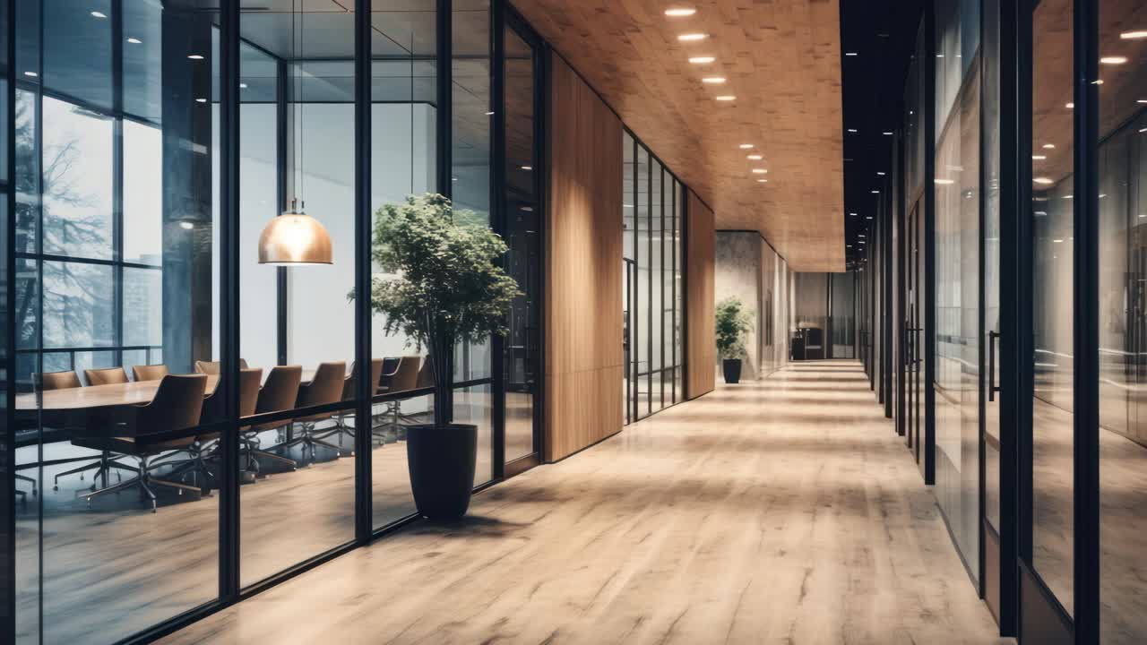 Modern office hallway with glass walls and warm lighting, captured from a low-angle