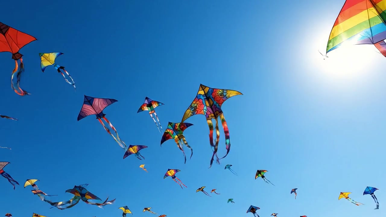 Aquiloni colorati volano alti in un cielo azzurro e limpido, danzando giocosamente sotto il sole splendente, creando uno splendido spettacolo di colori vivaci contro l'orizzonte.