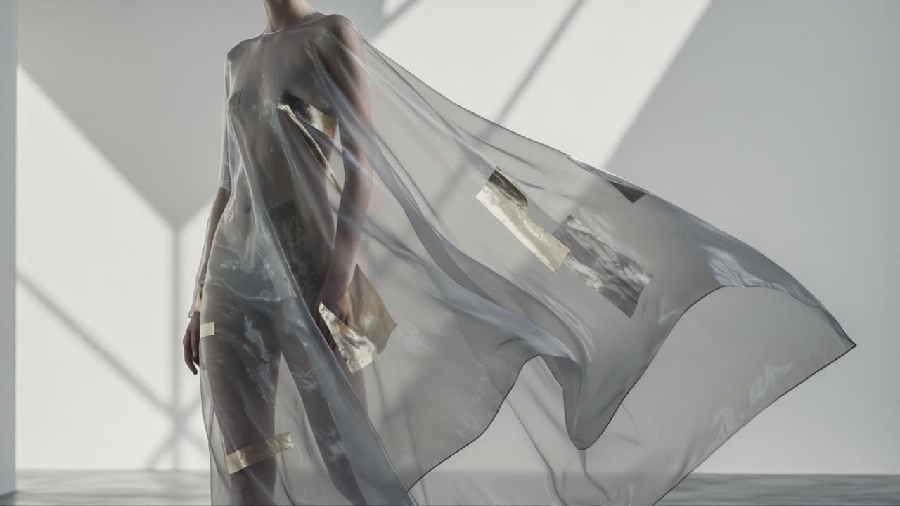 A Graceful Model in a Sheer Flowing Garment Showcasing Ethereal Aesthetics and Artistic Design, Captured in Soft Natural Light Against a Minimalist Background