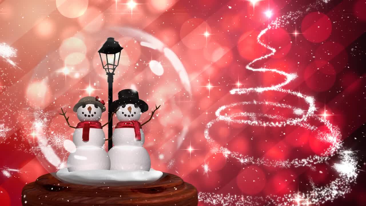 Cute Christmas animation of snowman couple in snow globe 4k