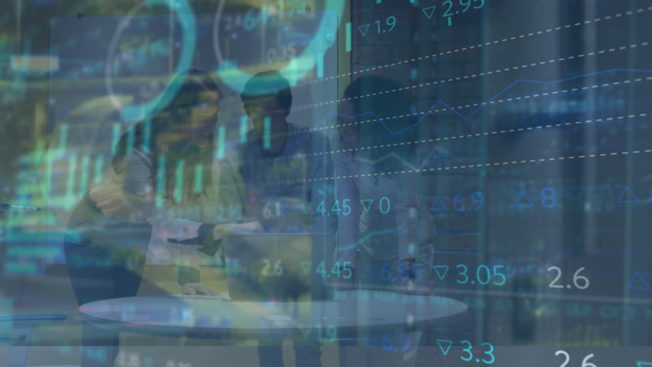 Animation of financial data processing over diverse business people working at office