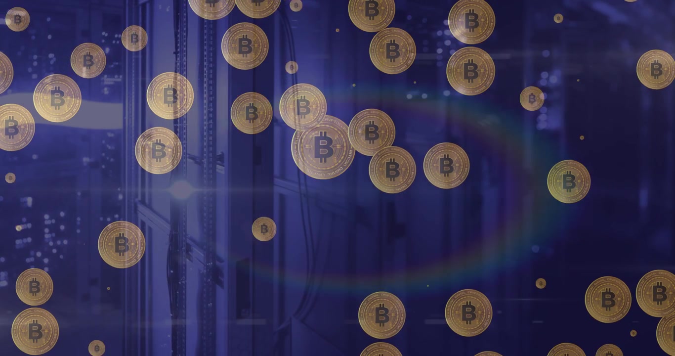 Animation of bitcoin coins pulsating against computer server room