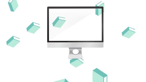 Animation-of-falling-blue-books-and-computer-screen-on-white