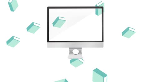 animation of falling blue books and computer screen on white