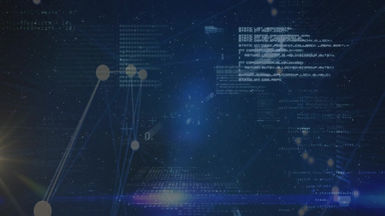 Animation of dots interconnecting with lines and computer language moving in loop