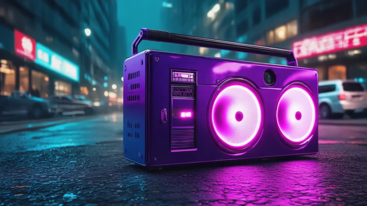 Boombox in a Neon Lit Cityscape