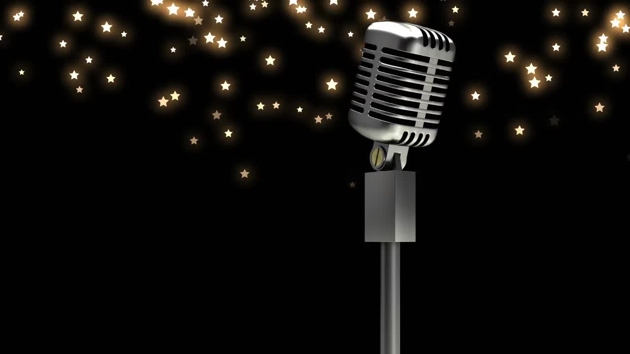animación de estrellas cayendo sobre el micrófono en un fondo oscuro