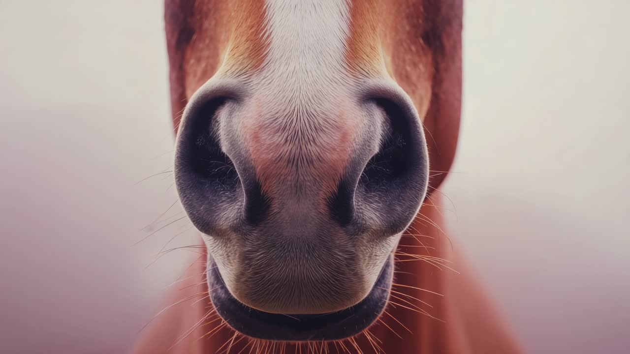 Opening shot showing horse muzzle breathing against gradient studio backdrop, whiskers quivering