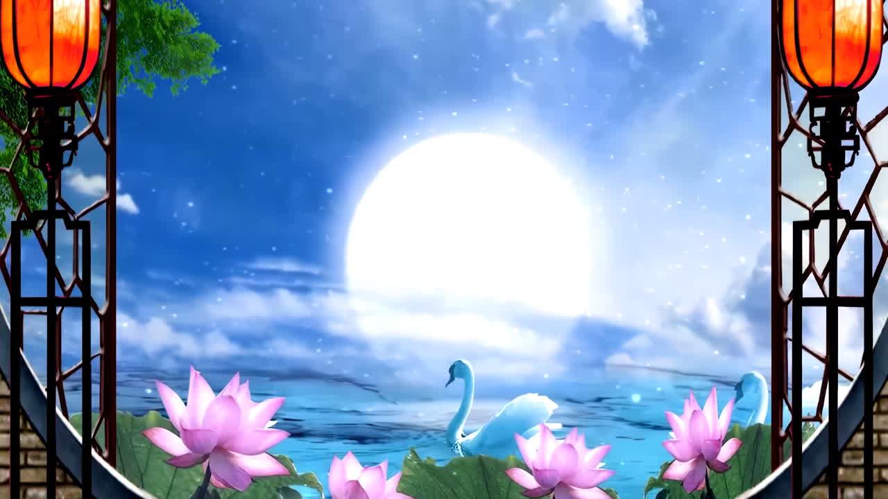 대기 패션 멋진 스타일 로터스 랜턴 달, 낮 시간 고대 중국 전통 일본 풍경 그림 아름다운 평온한 나무, 산, 꽃, 호수, 물, 새, 파란 하늘, 배