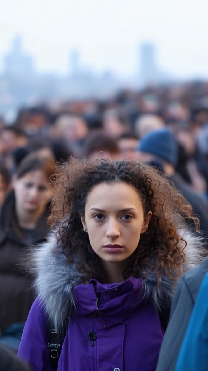 Una figura solitaria si distingue in una folla vivace, catturando l'essenza dell'individualità in mezzo al mare di volti, mostrando emozioni in una dinamica scena urbana.