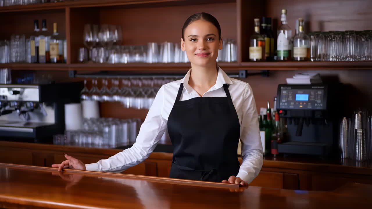 A smiling female bartender stands behind a well-stocked bar