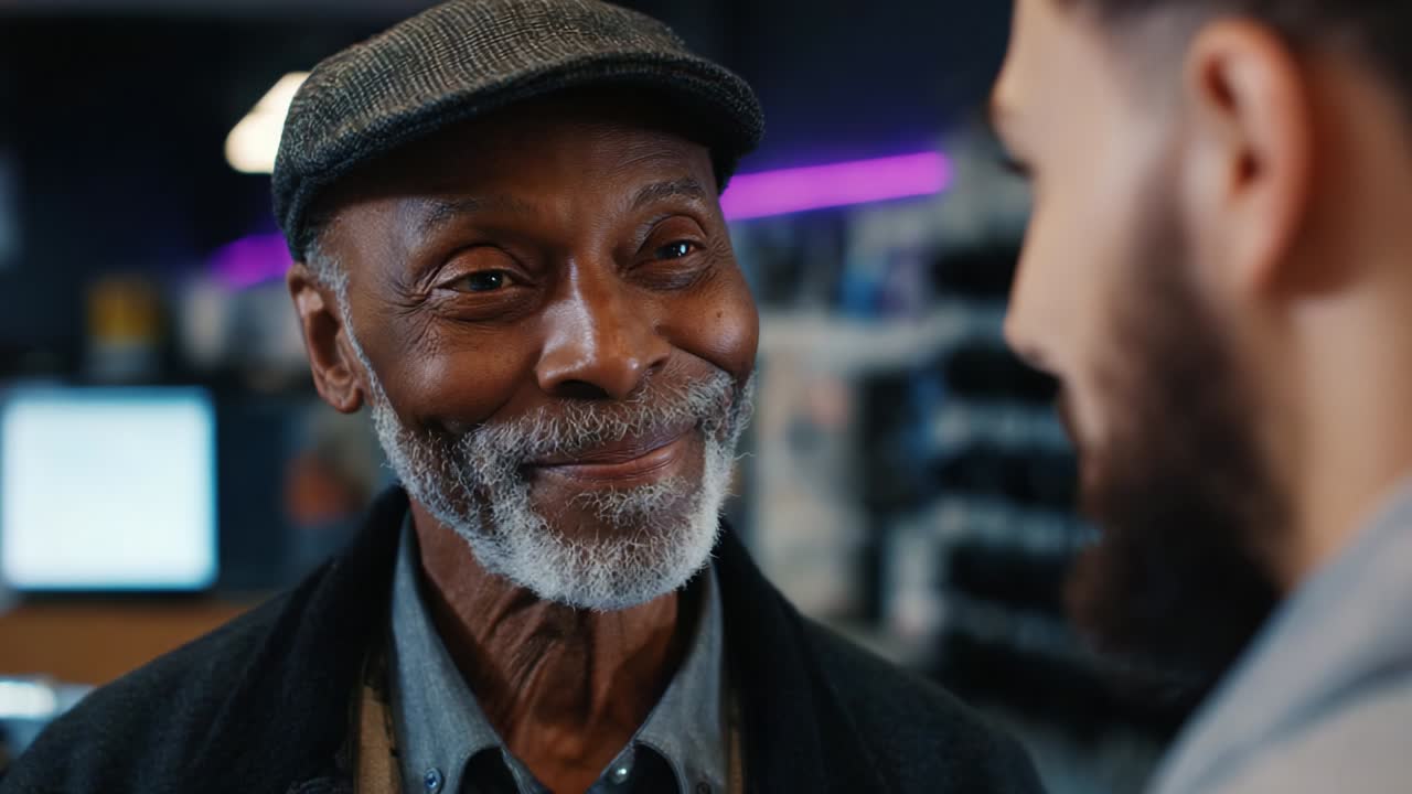 An expressive conversation unfolds between two individuals; one a wise elder with a warm smile, while the other listens attentively, highlighting the importance of connection and understanding across generations