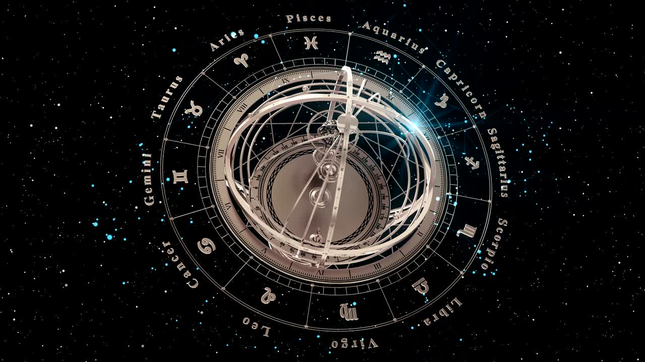 4k. signos del zodiaco y esfera armilar en fondo negro. bucle sin costuras.