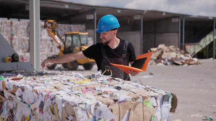 Man in hardhat inspects paper bale at outdoor recycling plant, slomo