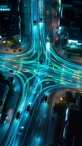 dynamic city intersection at night with blue light trails