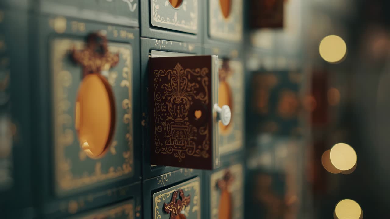 Knob engaging teal drawer door swinging open inside workshop, revealing golden interior, copy space