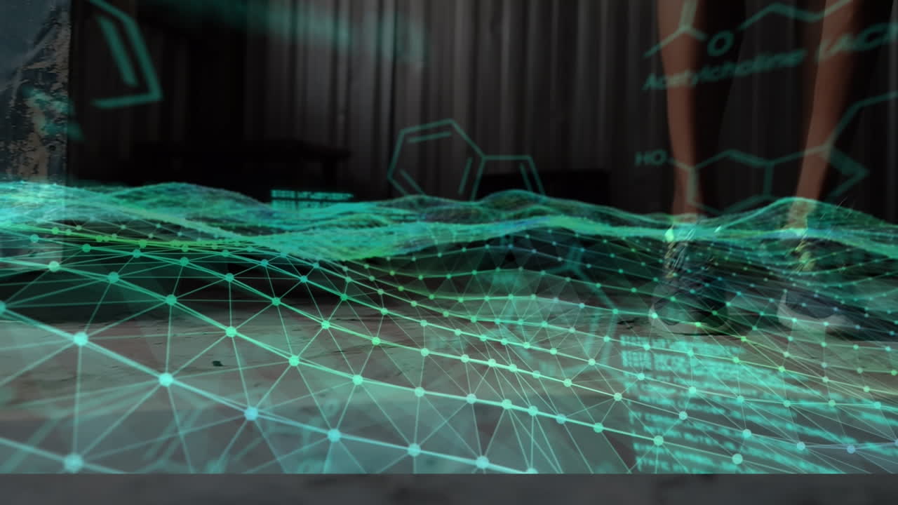 Animation of screen with scientific data over legs of caucasian man jumping