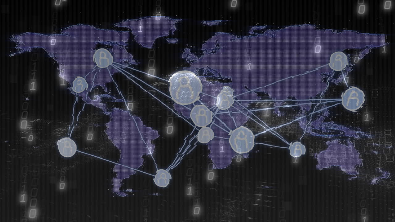 Network nodes animating on purple world map, binary digits floating and avatars connecting regions