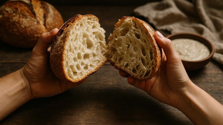 A close-up, overhead shot of hands breaking rustic bread, evoking a warm, artisanal feel