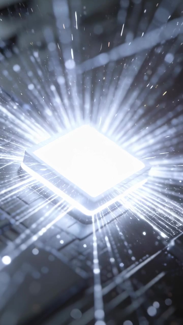 Vertical video: Powering up square chip emitting white light and sending radial streaks across PCB