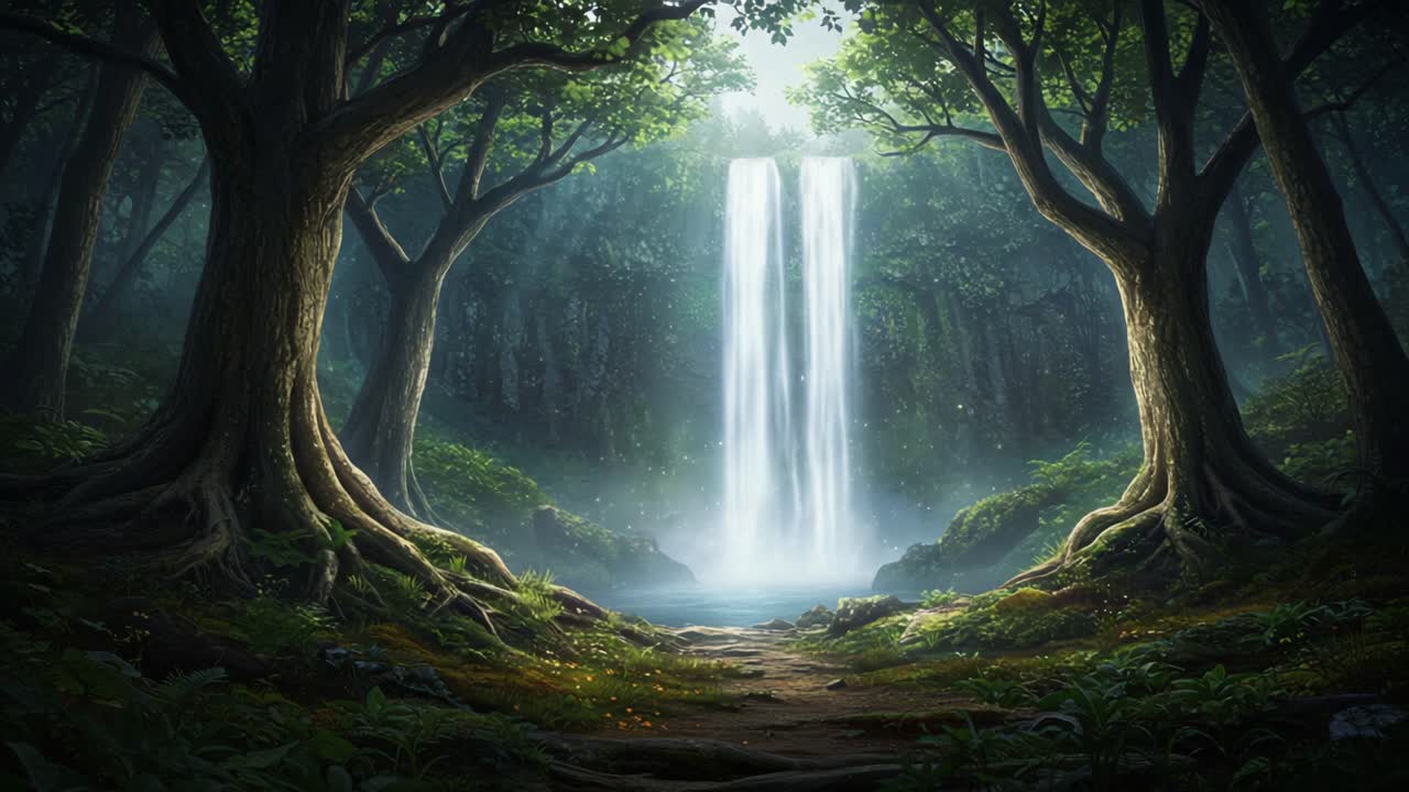 A Serene Waterfall in a Lush Forest Surrounded by Ancient Trees and Illuminated by Soft Light, Capturing the Essence of Nature's Tranquility and Beauty