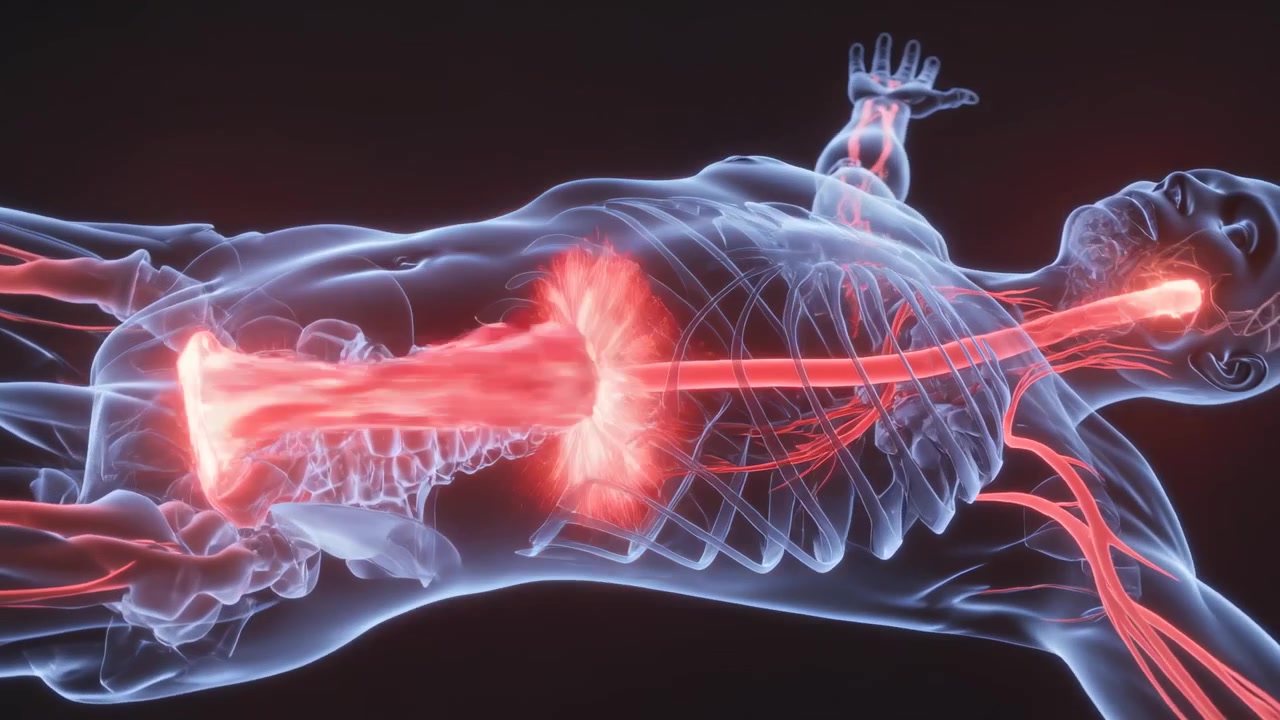 Panorerende model viser glødende midterlinje, der stiger op gennem torsoen mod mørk baggrund til studie.