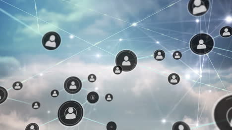 animation of networks of connections with icons over sky