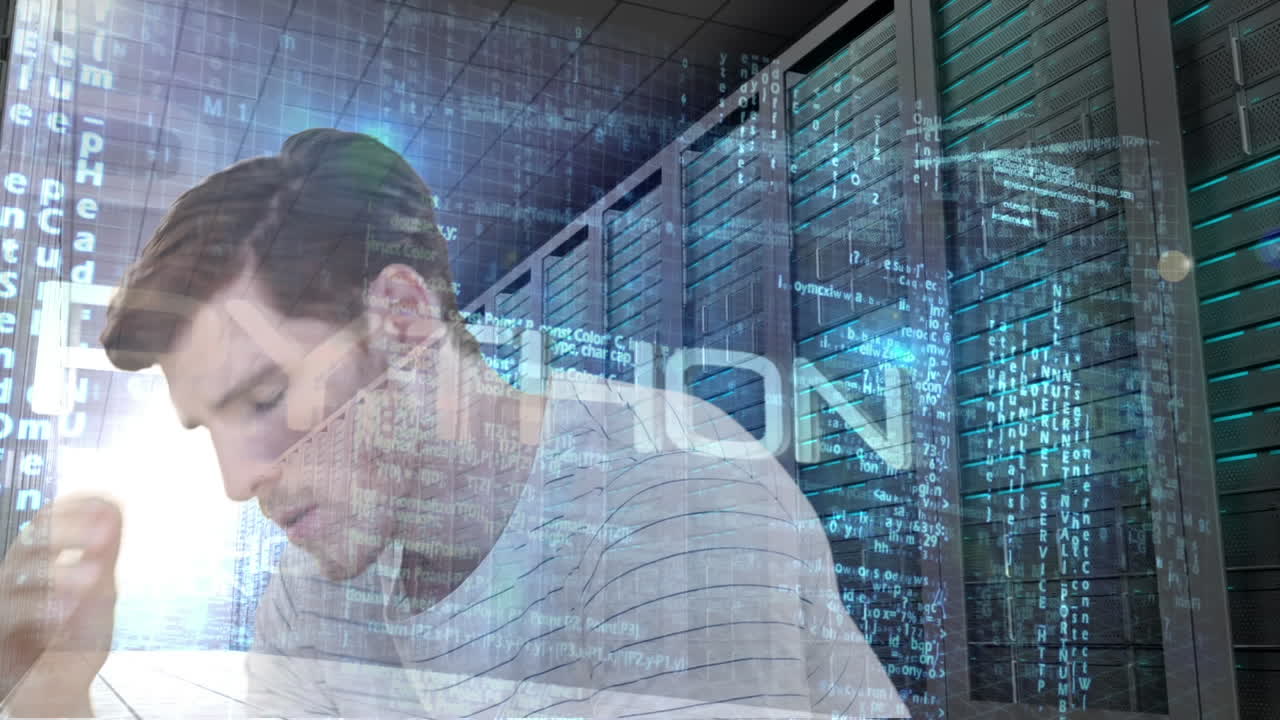 hombre ansioso ve datos flotantes con servidores, que simbolizan la economía global y la tecnología.