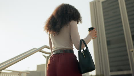 business, woman and stairs walking with coffee