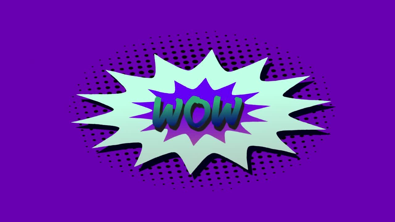 Animazione del testo "wow" su una nuvoletta di dialogo retrò contro forme astratte su sfondo blu.