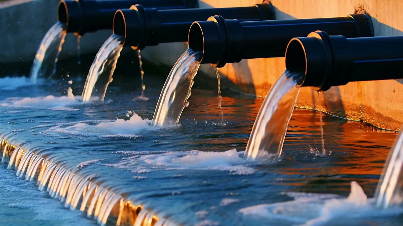 Flowing row of four dark spouts sending steady streams into long stone basin, pump driving splashes
