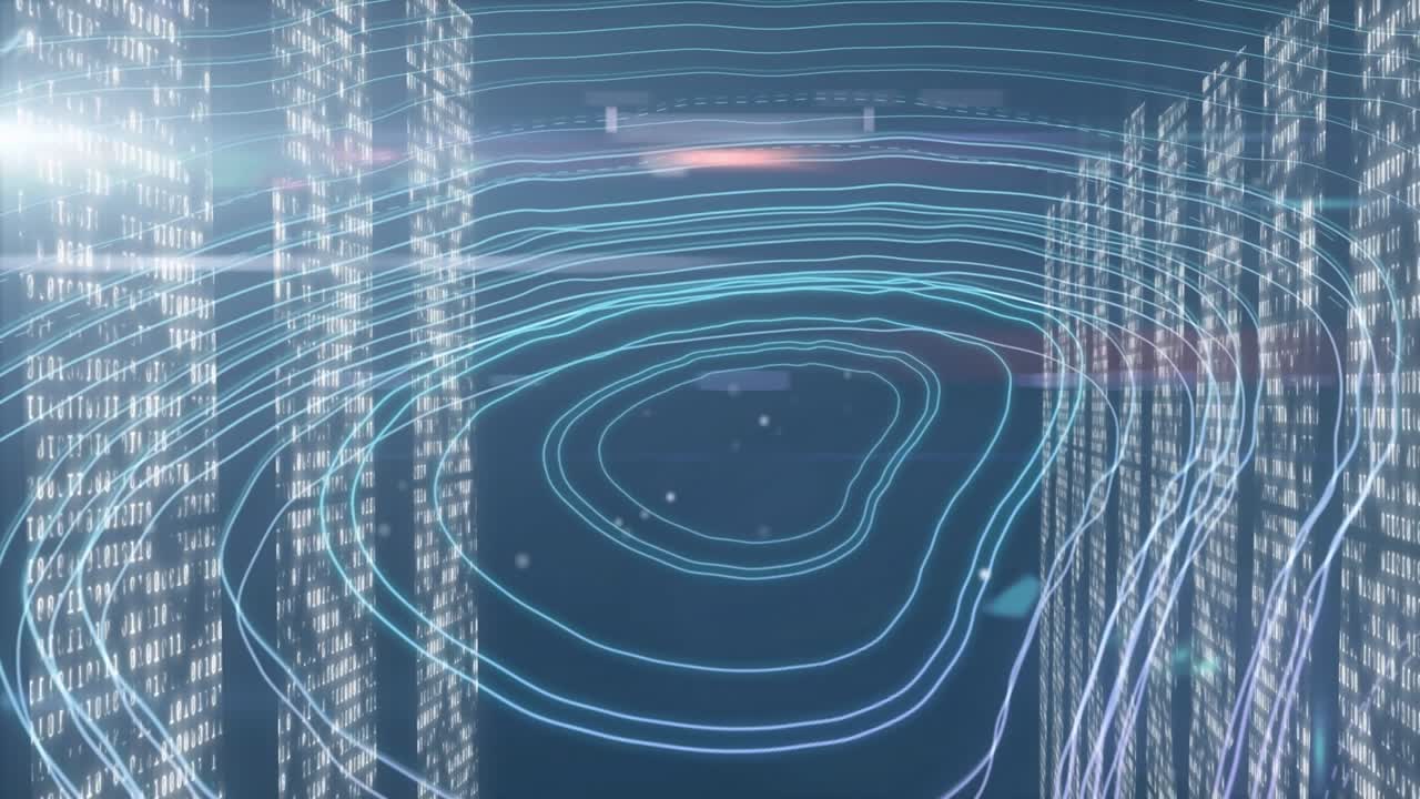 Glowing digital contour lines swirling in 3D data space, flanked by translucent binary code pillars