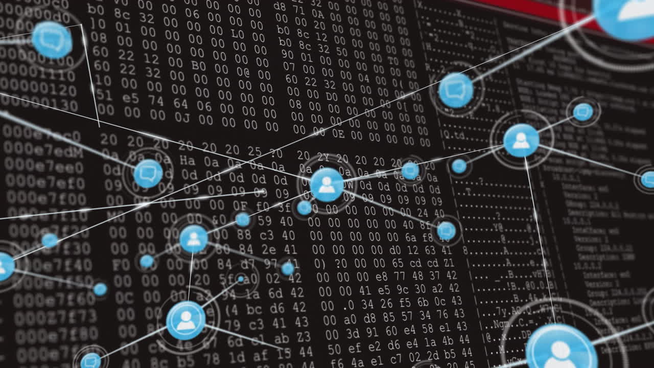 Animation of network of connections with people icons and data processing over black background
