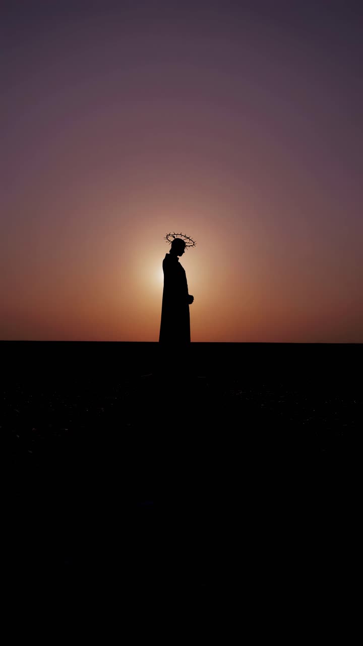 Silhouette of a statue with a halo against a sunset, captured from a low angle