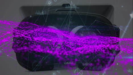 animazione di punti viola su rete di connessioni e auricolare vr su sfondo bianco