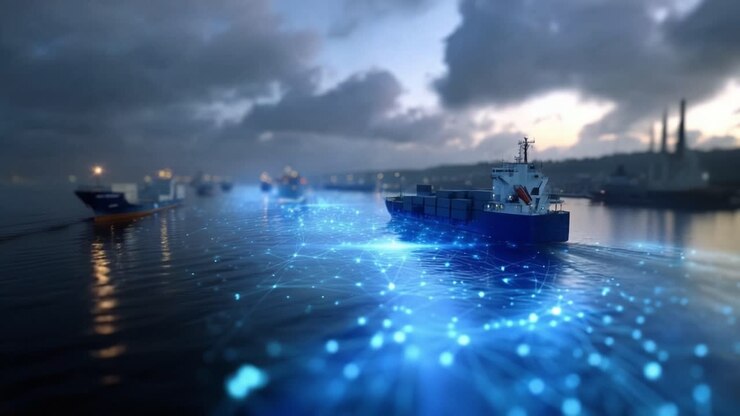 Animazione digitale mostra navi futuristiche sull'acqua con flussi di dati blu luminosi. Le navi si muovono placidamente sotto cieli scuri e nuvolosi. Particelle luminose scorrono sull'acqua, suggerendo tecnologia avanzata.