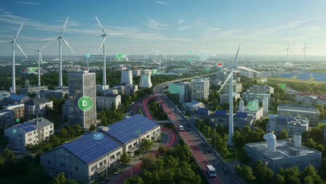 the cutting-edge urban landscape highlights a variety of renewable energy solutions while promoting a sustainable way of life in the city