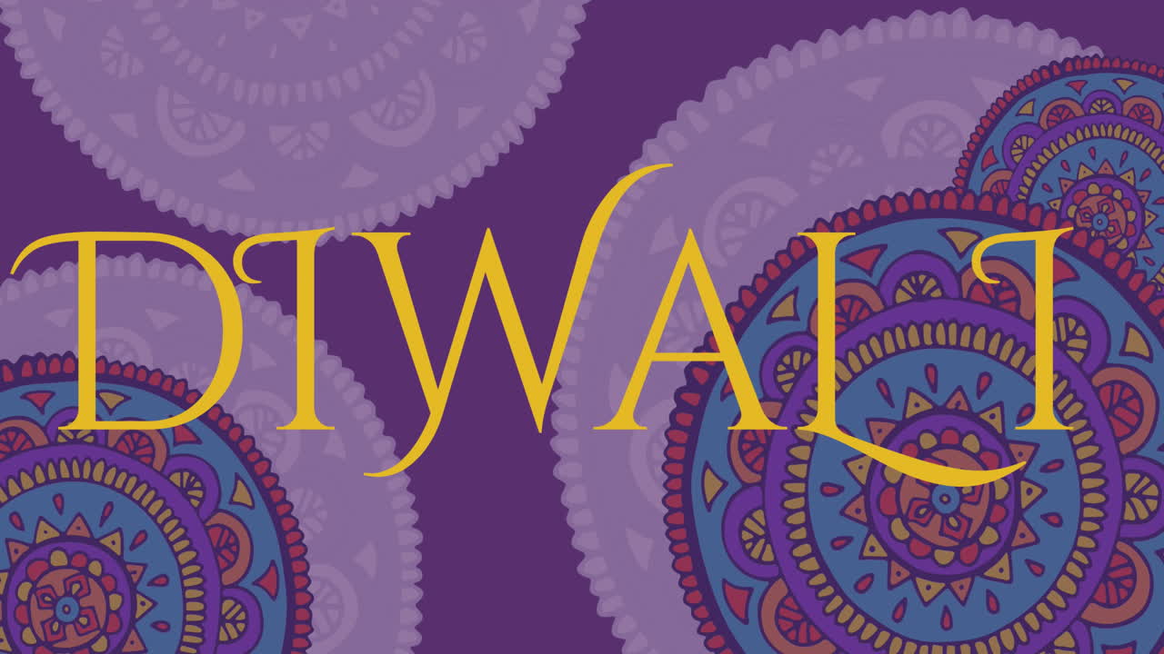 Animazione del testo "Diwali" su motivo indiano viola tradizionale.