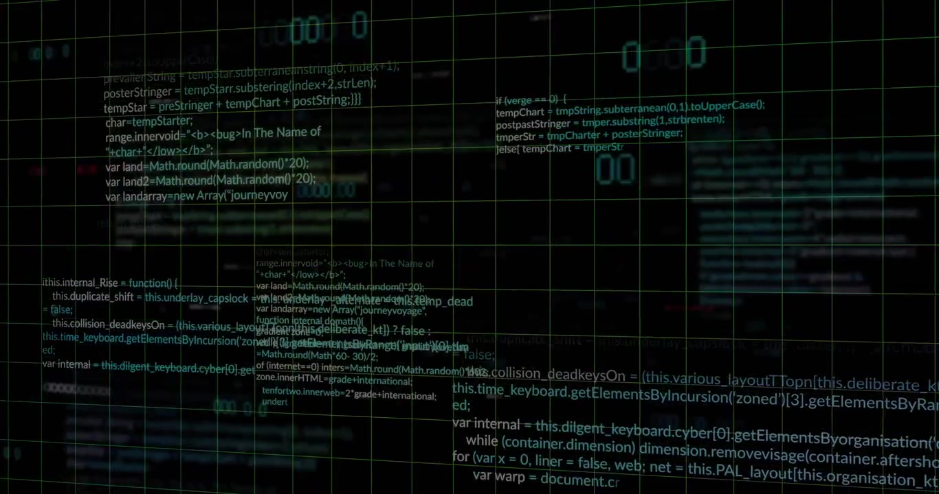 Code blocks fading on green grid while numeric readouts pulsing, camera rotating showing code flow
