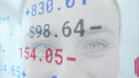 animating stock market data over close-up of person''s face