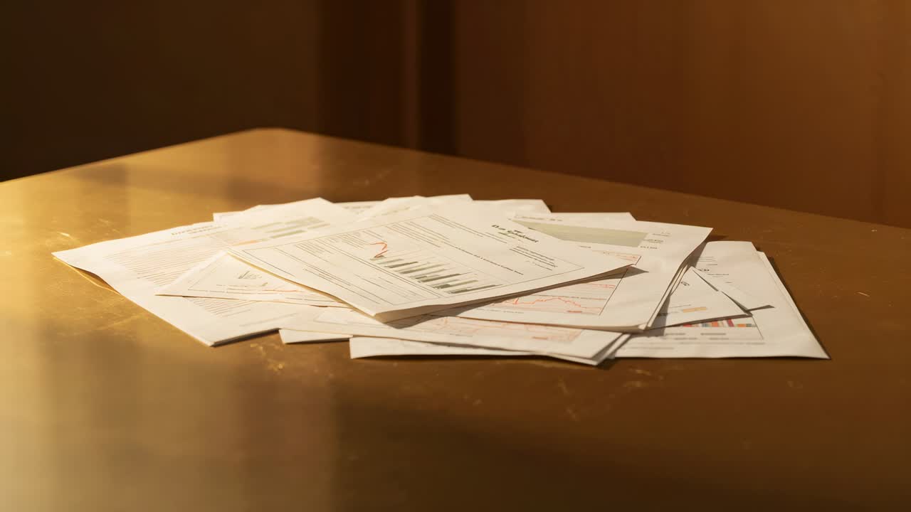 Shifting camera revealing stack of printed documents on desk in office, documenting red annotations