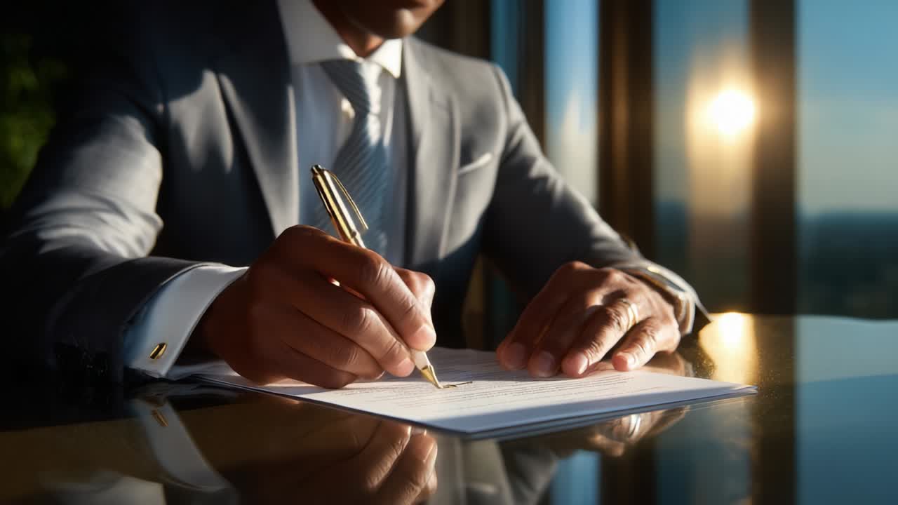 Sophisticated Professional Signing Important Document with Elegant Pen Amidst Ambient Sunset Light Reflection, Capturing the Essence of Precision and Commitment in a Modern Office Environment