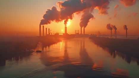 industrial pollution at sunset: factory emitting smoke into an orange sky over a river
