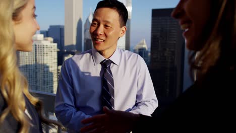 handshake between multi ethnic business colleagues on rooftop