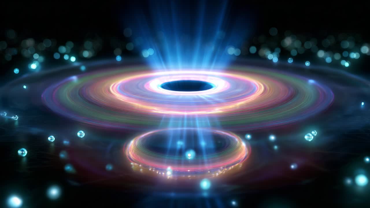 A mesmerizing cosmic phenomenon depicted through vibrant colors and radiant beams emanating from a black hole's event horizon, showcasing the intricate dance of light and energy within the universe's mysteries