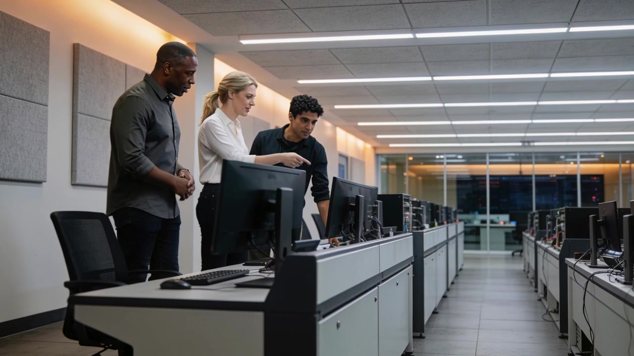 Entering open office, team in business casual walking aisle stopping pointing at monitor for review