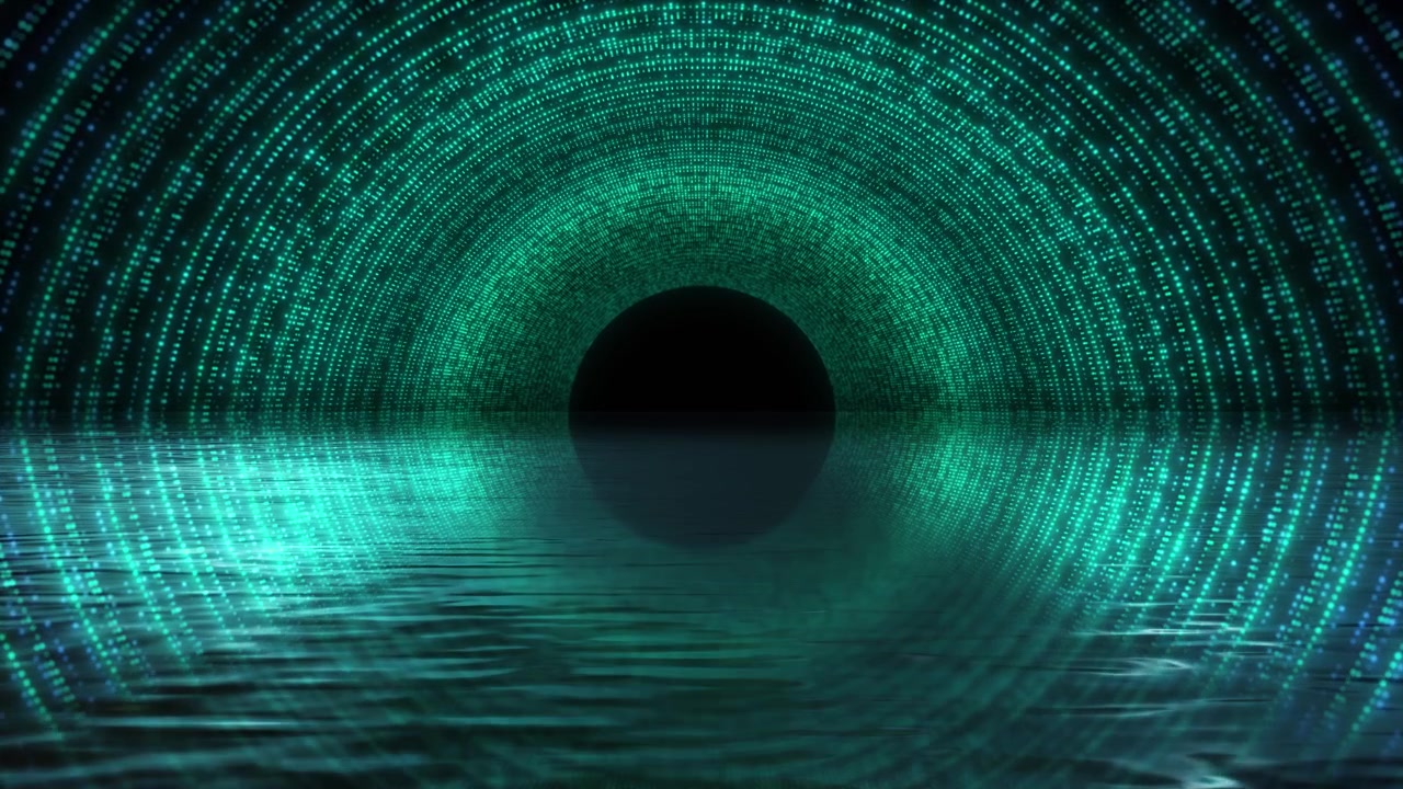 Green blue dotted tunnel background reflective water surface glowing arch particle depth and dark