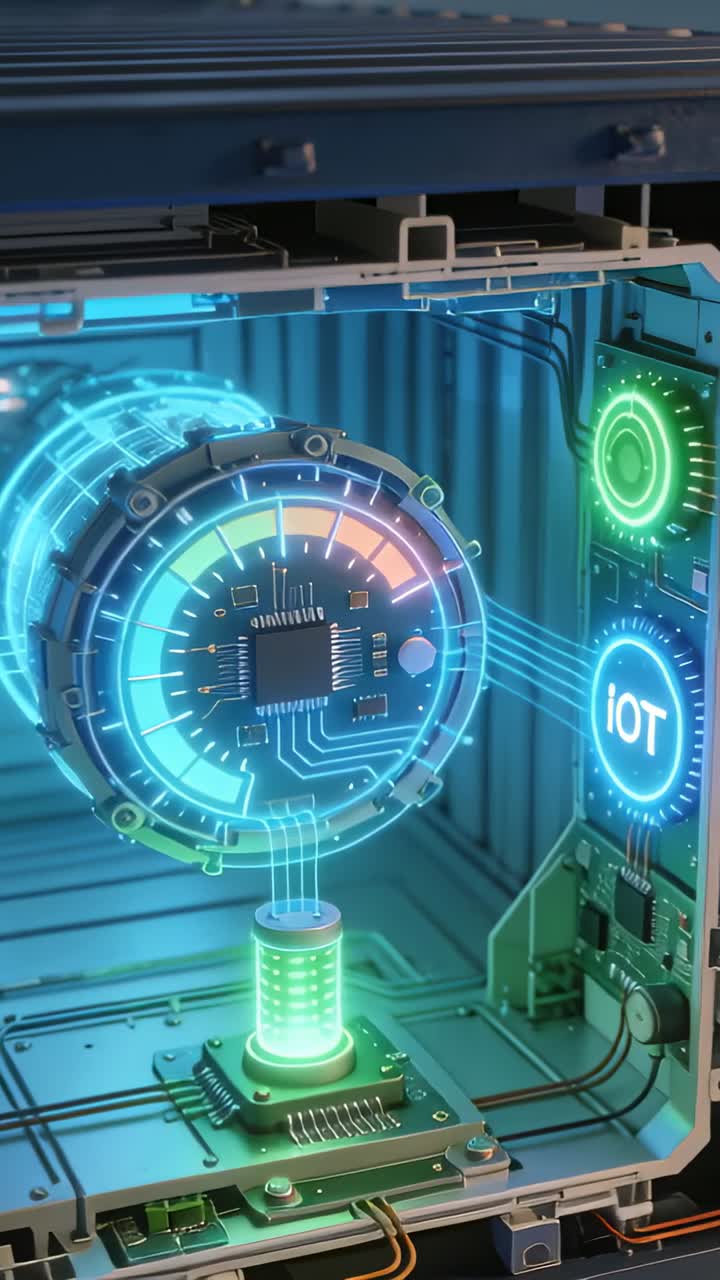 Video verticale: Nucleo verde pulsante che attiva un modulo olografico su un rack di PCB, inviando dati all'IoT